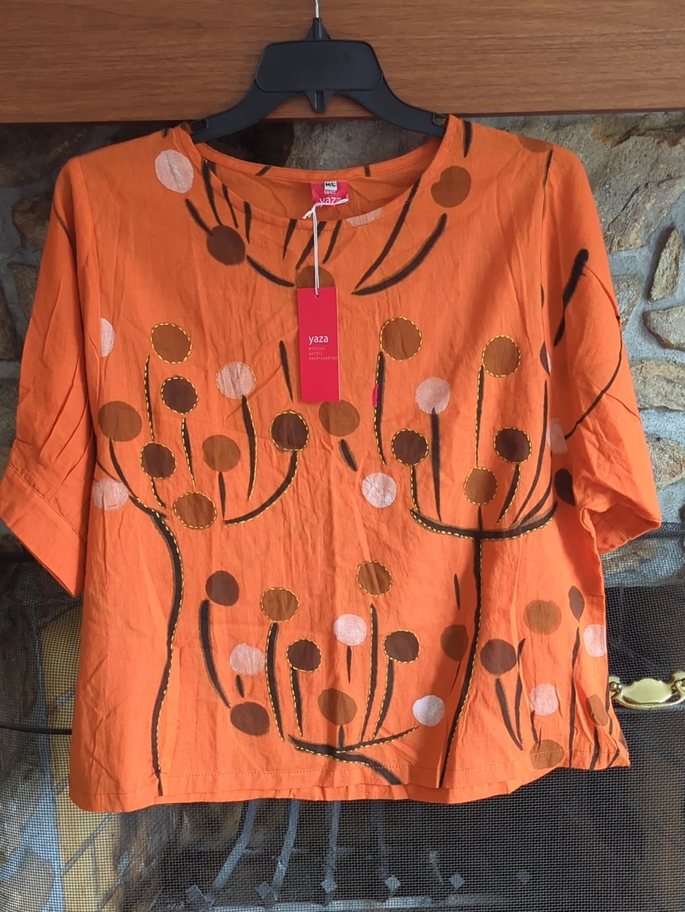 Yaza Ethical Hand Crafted Orange Abstract Cotton Shirt